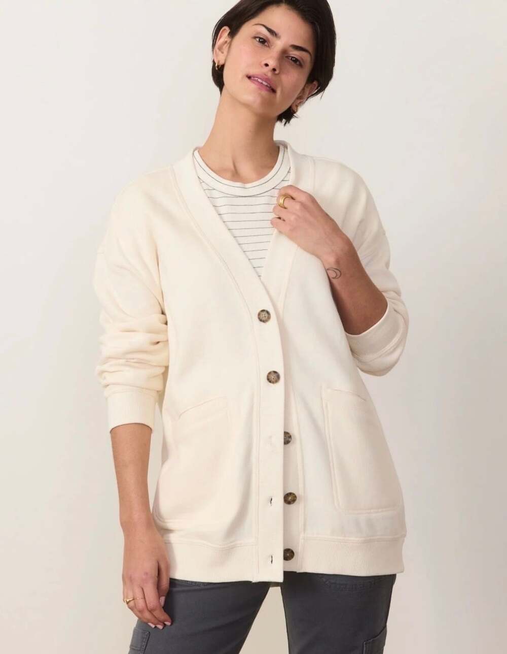 Marine Layer Cloud Nine Cotton Blend Fleece Cardigan Cream Small